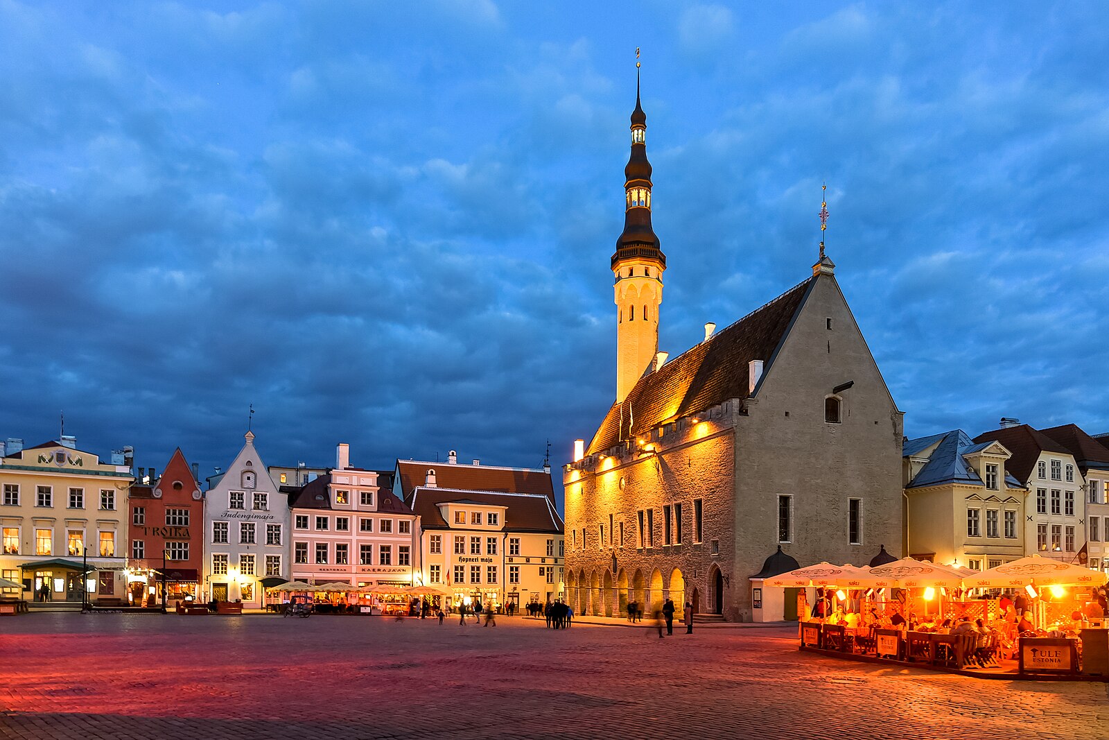 Tallinn Town Hall Square at night in the Old Town, Estonia