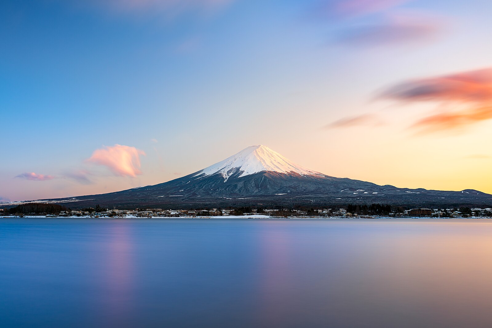 Mount Fuji at sunset, iconic snow-capped volcanic peak in Japan