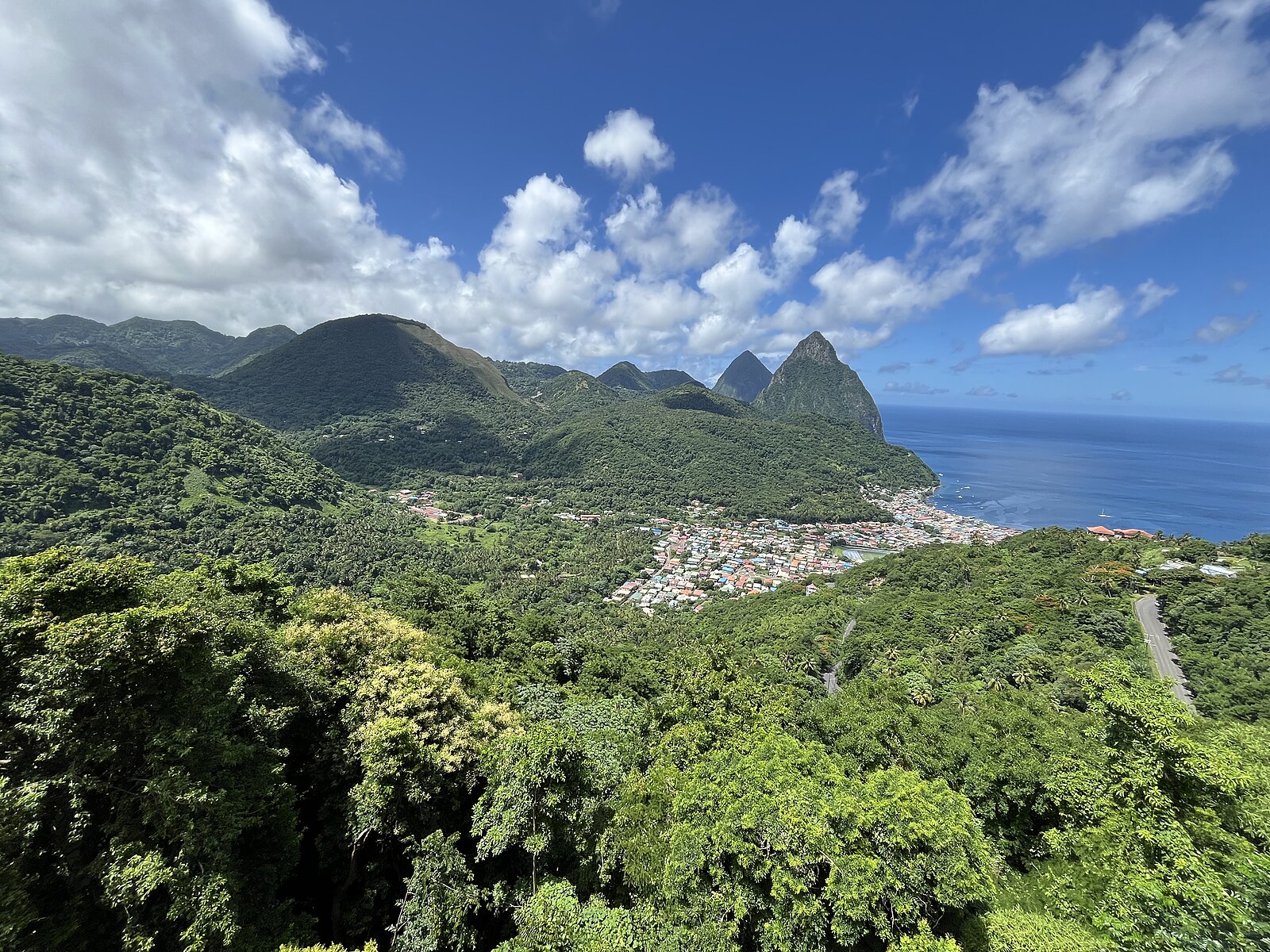 Soufrière town and the Pitons volcanic peaks, Saint Lucia